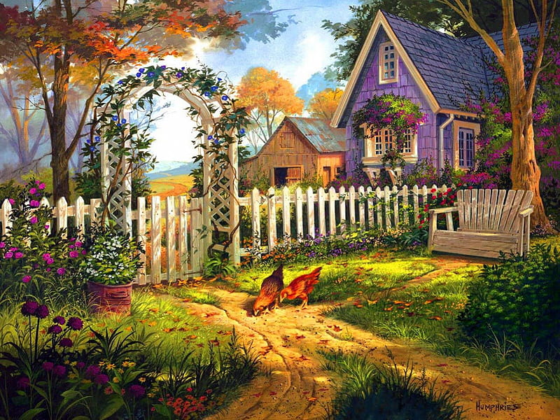 Rustic beauty, pretty, house, grass, cabin, clouds, bushes, door, floral, countryside, nice, calm, village, path, flowers, beauty, rustic, lovely, sky, trees, alleys, serenity, arch, paradise, garden, fence, colorful, cottage, hens, bonito, sunner, green, painting, yard, freshness, peaceful, villas, HD wallpaper
