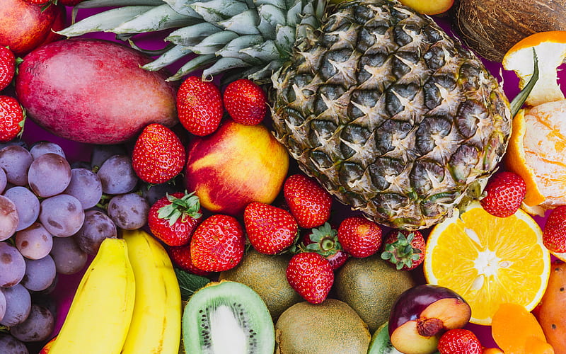 Different fruits, background with fruits, pineapple, mango, grapes,  strawberries, HD wallpaper | Peakpx
