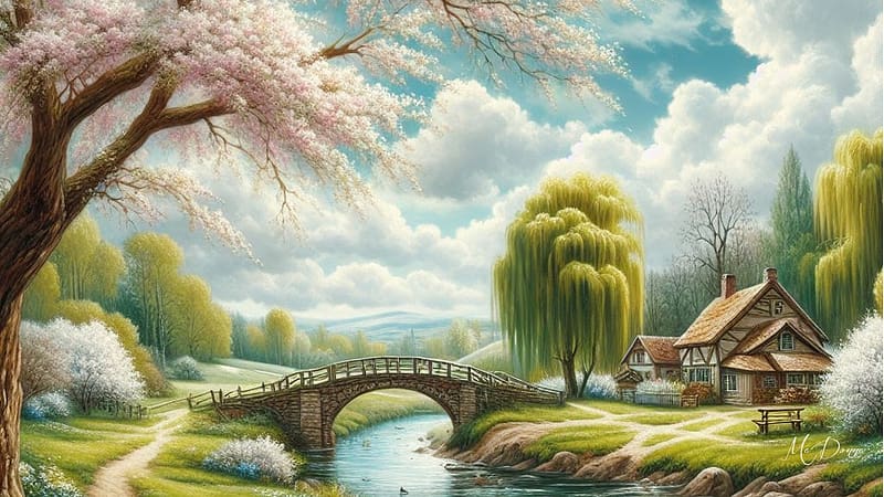 Spring Bridge, clouds, house, trees, summer, creek, cabin, stream, spring, home, flowers, river, field, sky, cottage, HD wallpaper