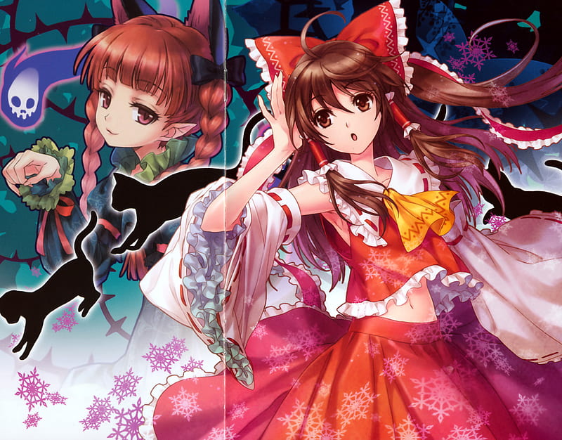 Reimu and Rin, reimu hakurei, neko, orin, touhou, girls, ribbons, cat, rin kaenbyou, HD wallpaper