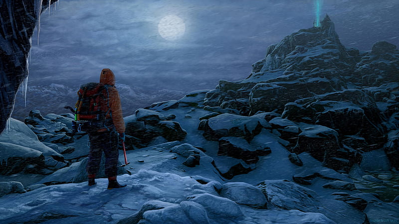 man, rock climber, alone, rocks, snow, moon, HD wallpaper