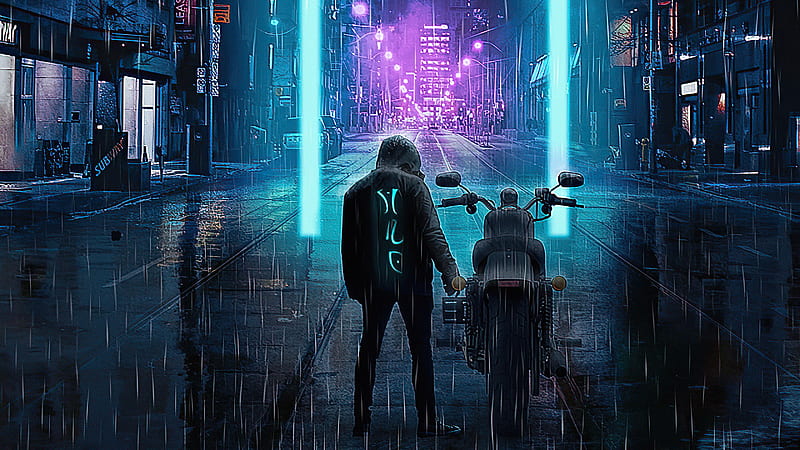 City Streets Cyberpunk Biker, cyberpunk, biker, artist, artwork, digital-art, HD wallpaper