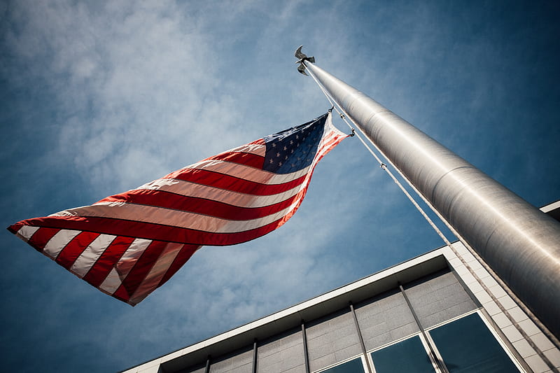 low-angle of U.S. flag placed on gray pole, HD wallpaper