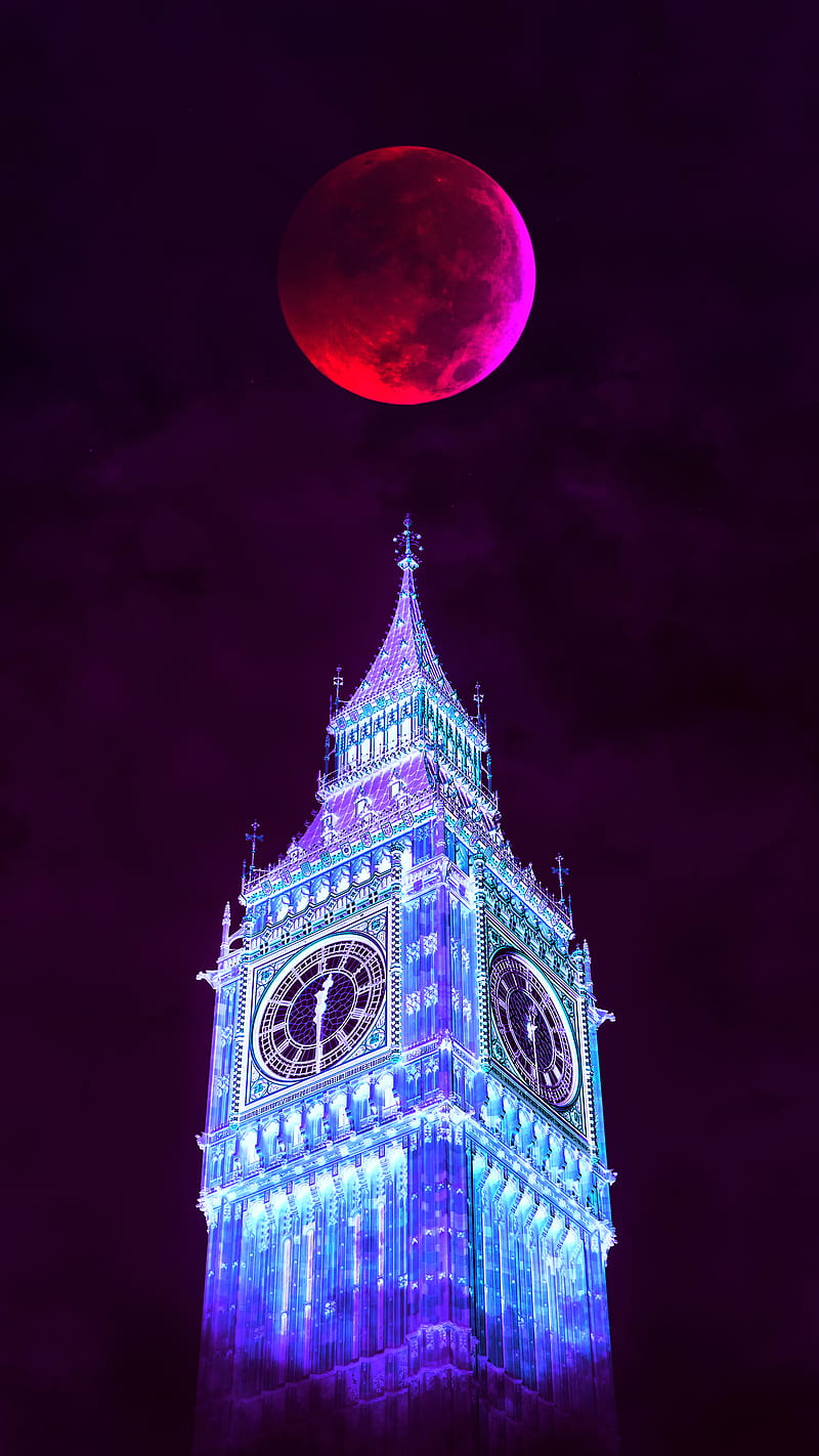 Big Ben, Building, Fullmoon, Moon, Pink, tower, HD phone wallpaper
