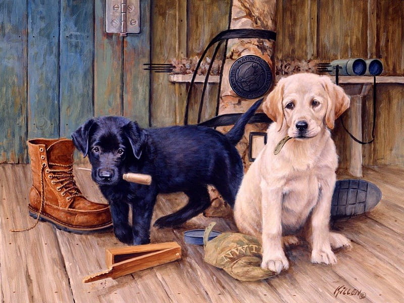 Cute dogs, playing, art, lovely, boot, home, adorable, artwork, sweet, nice, puppies, painting, friends, animals, dogs, HD wallpaper