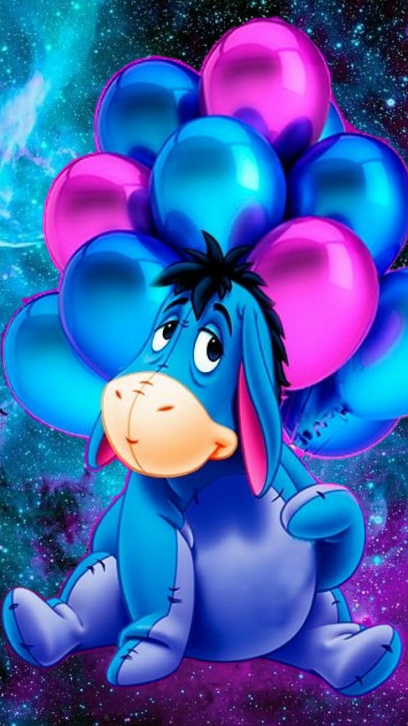 Eeyore, ballons, blue, pooh, purple, HD phone wallpaper