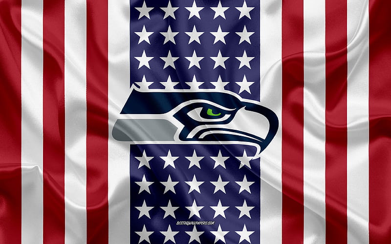 Seattle Seahawks logo, emblem, silk texture, American flag, American football club, NFL, Seattle, Washington, USA, National Football League, american football, silk flag, HD wallpaper