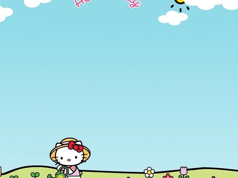 Hello Kitty, dress, sun, grass, bow, sky, clouds, cute, seeds, flowers, gardner, pink, HD wallpaper