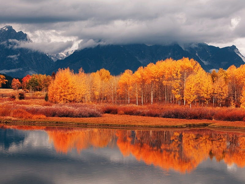 Autumn reflection, mountain, tree, lakes, natue, sky clouds, reflection, autunm, HD wallpaper