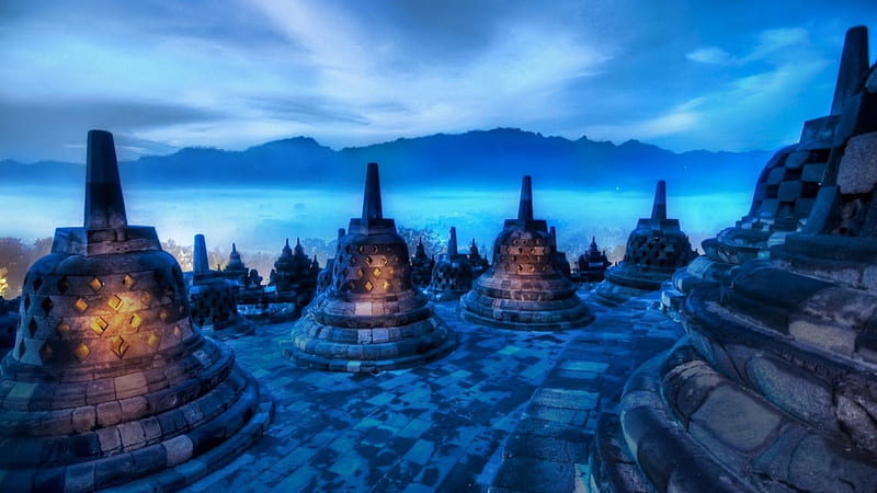 amazing temple in india r, mountains, cones, temple, fog, blue, HD wallpaper