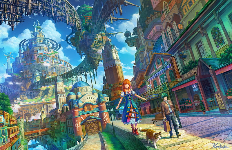 Fantasy land, anime, city, girl, lights, times, HD wallpaper