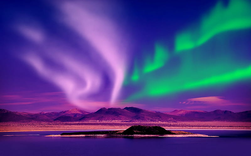 Aurora Borealis, coast, mountains, North America, Canada, HD wallpaper