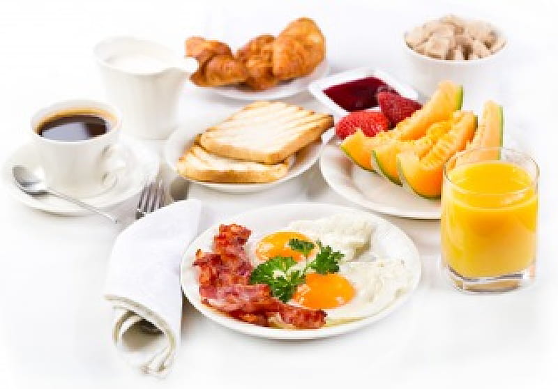 Breakfast, bacon, coffee, juice, food, fruits, eggs, croissant, HD ...