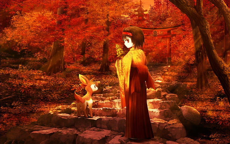 Autumn Walk, deerling, autumn, orange, girl, HD wallpaper
