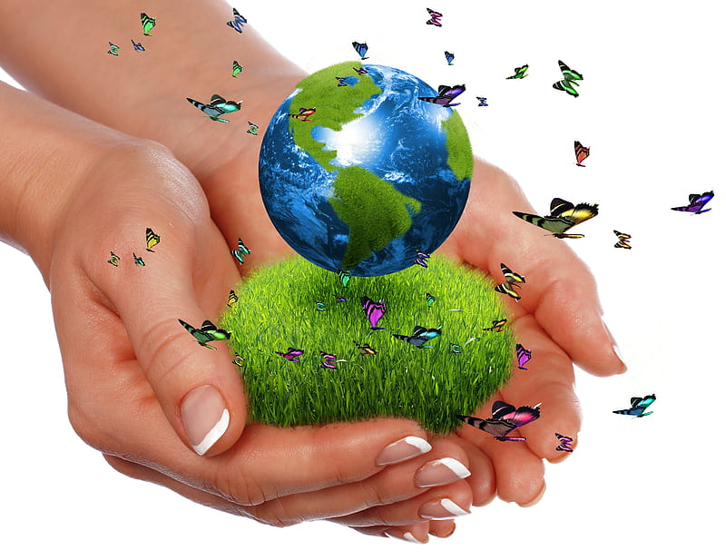 Earth In Our Hands, world, pretty, grass, manicure, home, bonito, fantasy, butterfly, green, hand, beauty, blue, globe, lovely, colors, butterflies, abstract, hold, hands, care, earth, HD wallpaper