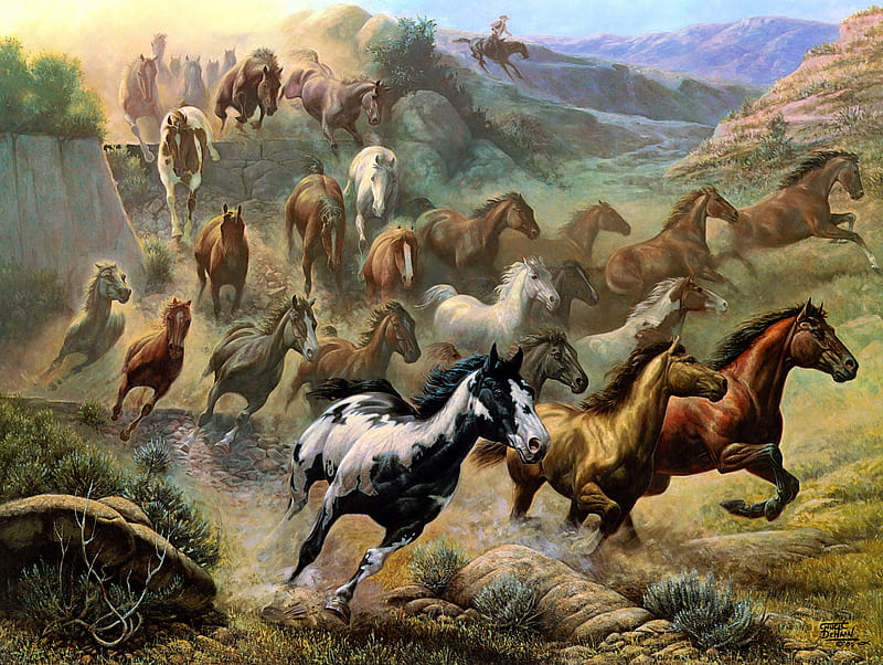 Horses, art, cal, painting, chuck dehaan, running, horse, pictura, HD wallpaper