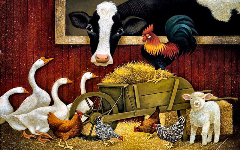 Farm Animals, rooster, Hay, geese, painting, lamb, Farm, chickens, wheelbarrow, animals, HD wallpaper