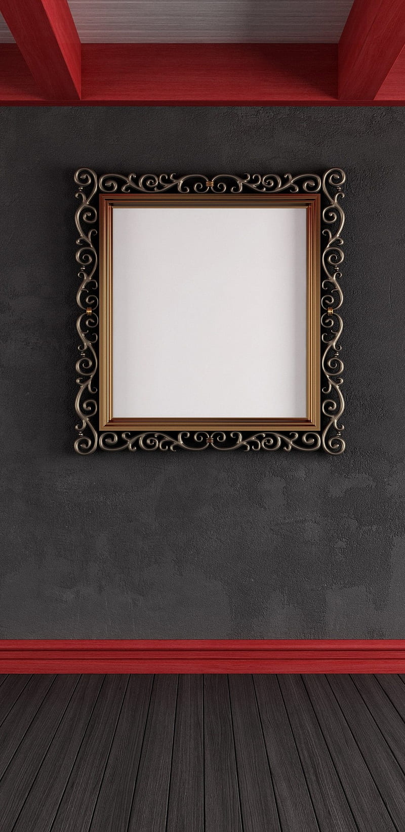 classic, brown, damask, desenho, frame, gold, painting, red, room, wood, HD phone wallpaper