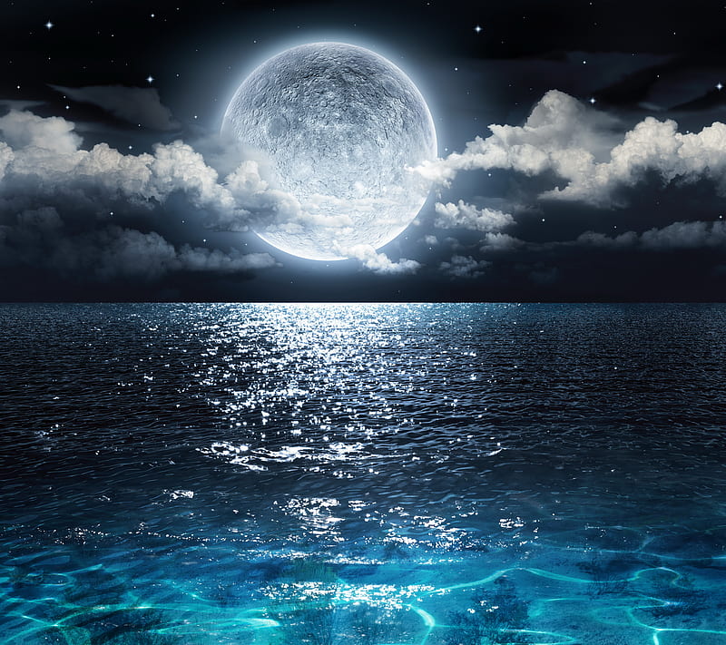 Ocean, moon, moonlight, moonshine, nature, purple, sea, sky, themes, HD wallpaper