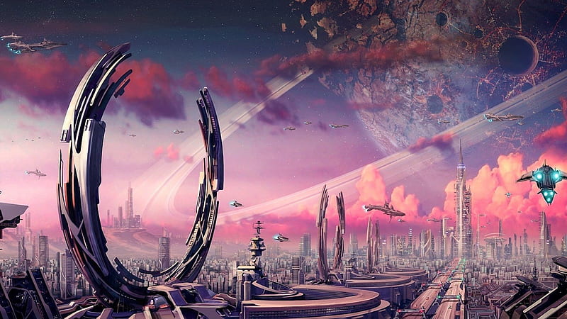 Fantasy City, city, fantasy, planet, spaceships, HD wallpaper