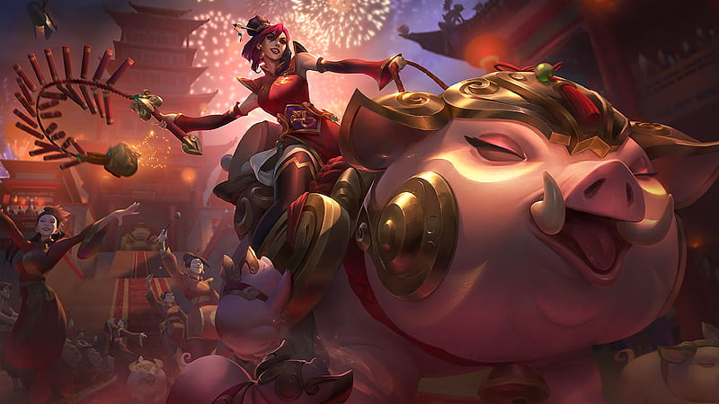 Firecracker Sejuani, luminos, girl, year of the boar, game, red, pig, lol, league of legends, fantasy, pink, HD wallpaper