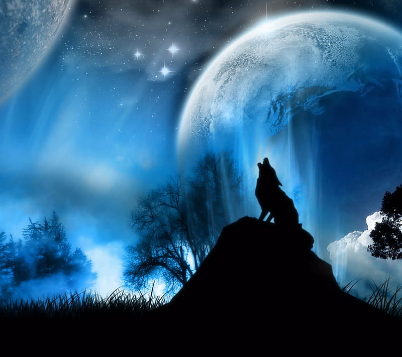 Wolf Moon, fantasy, lunar, night, shadow, wolves, HD wallpaper