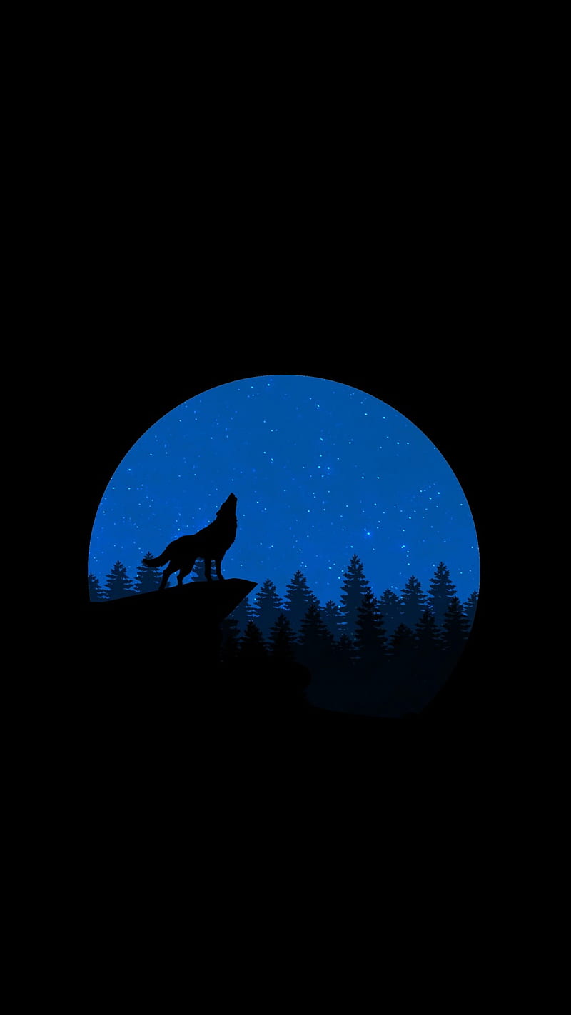 Moon, blue, night, s7, stars, trees, wolf, HD phone wallpaper