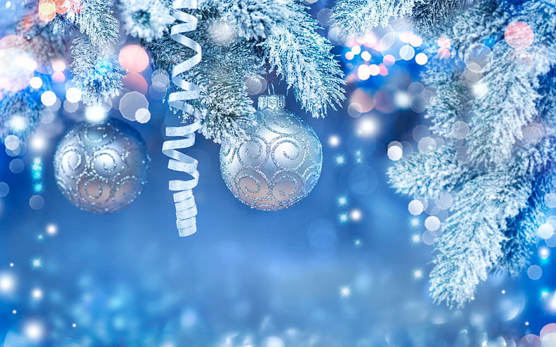 New Year, Christmas balls, Blue Christmas Background, HD wallpaper