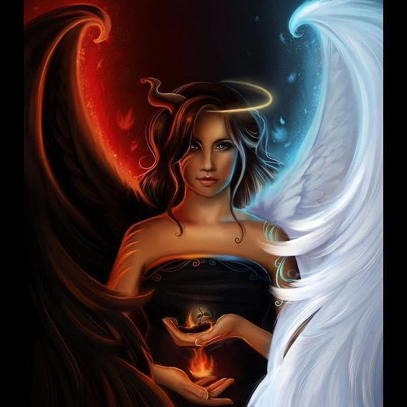 Good vs Evil, fantasy, female, girl, angel, good, evil, digital art, devil, HD wallpaper