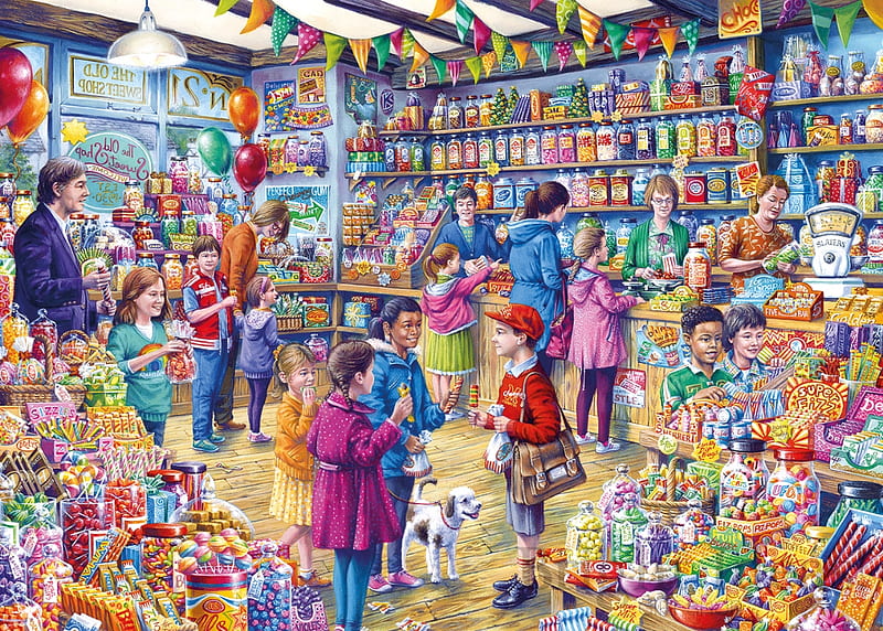 The Old Sweet Shop, art, caine, painting, children, pink, pictura, dog, HD wallpaper