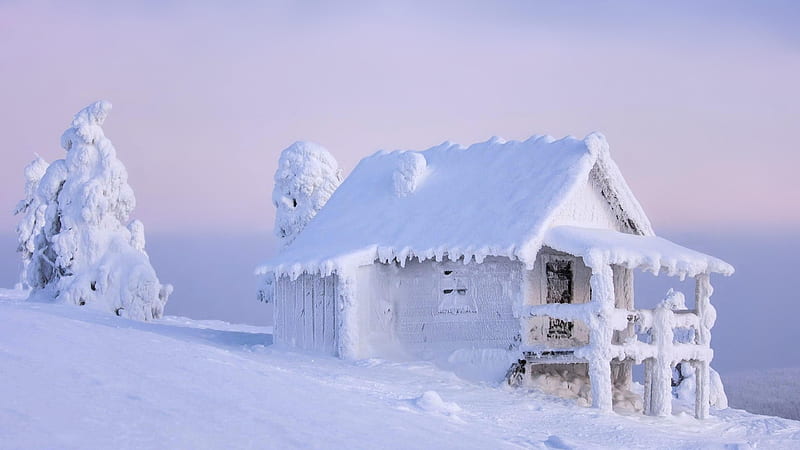 Frozen Shanty in Mountainside, snow, mountains, houses, cabin, nature, frozen, winter, log, HD wallpaper