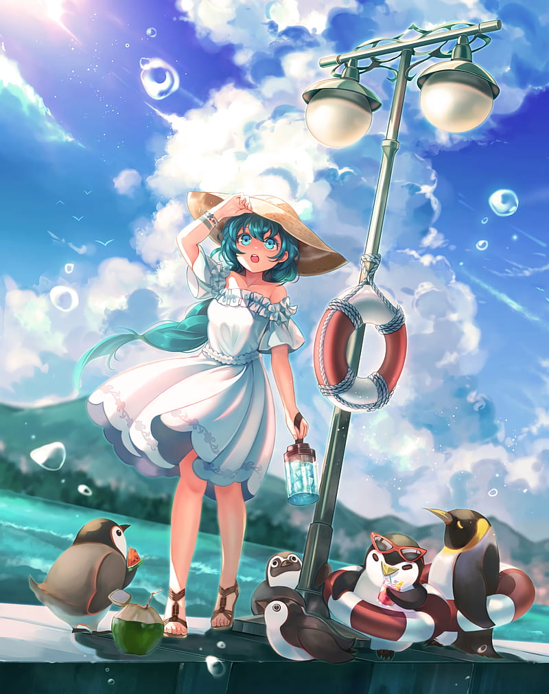 girl, anime, hat, dress, penguins, art, HD phone wallpaper