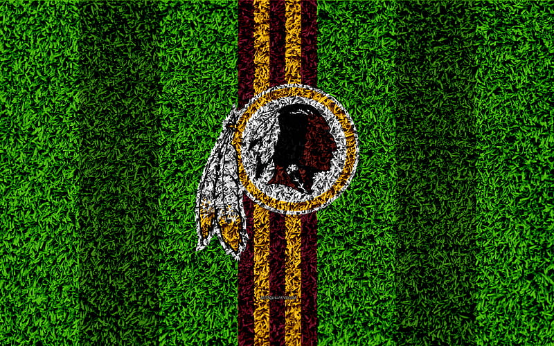 Washington Redskins, logo grass texture, emblem, football lawn, burgundy yellow lines, National Football League, NFL, Washington, USA, American football, HD wallpaper