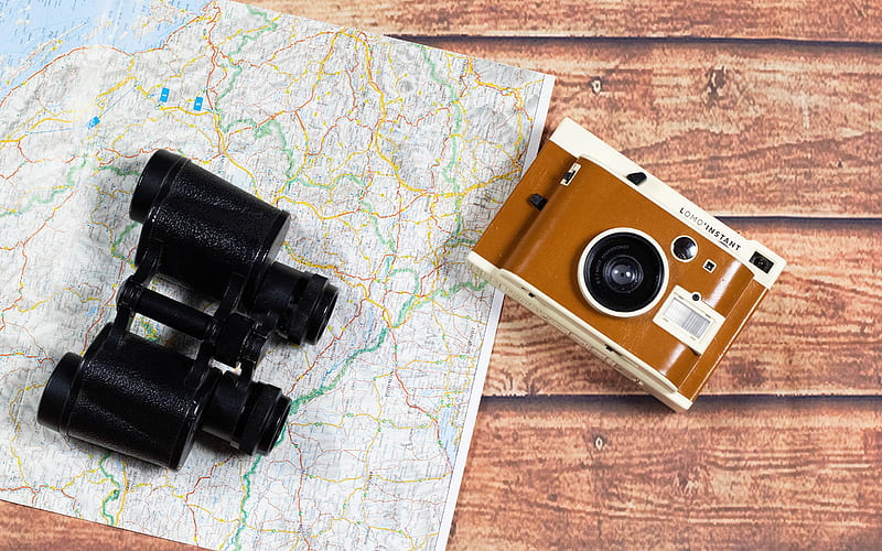 binoculars on the map, travel concepts, map, camera, things for travel, HD wallpaper