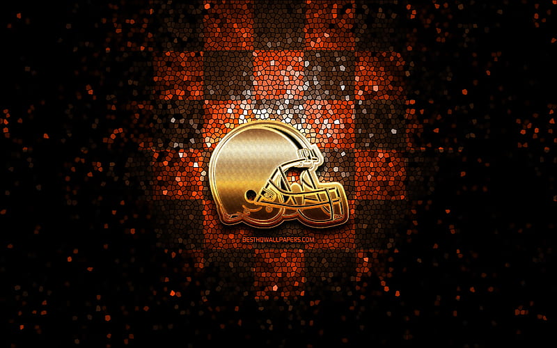 Cleveland Browns, glitter logo, NFL, orange brown checkered background, USA, american football team, Cleveland Browns logo, mosaic art, american football, America, HD wallpaper