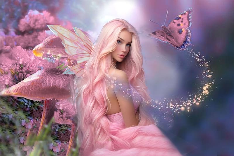 Pink Fairy, colorful, blue, black, vibrant, girl, mushrooms, fairy, pink, vivid, fantasy, butterfly, sparkle, green, magical, bright, bold, white, HD wallpaper