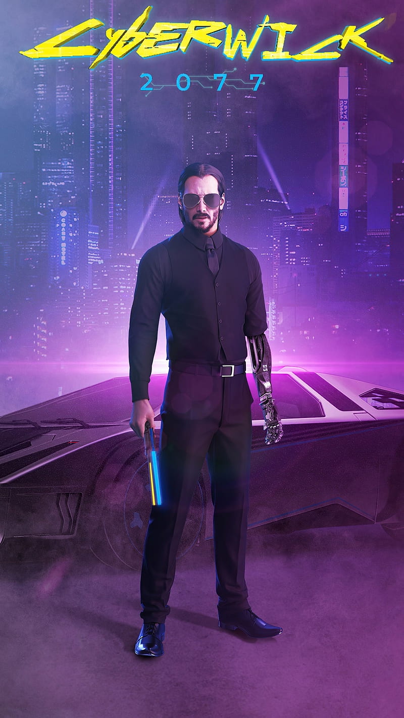 Cyberwick, standing, movie, black suit, cyberpunk 2077, 2077, purple, hero, john wick, HD phone wallpaper