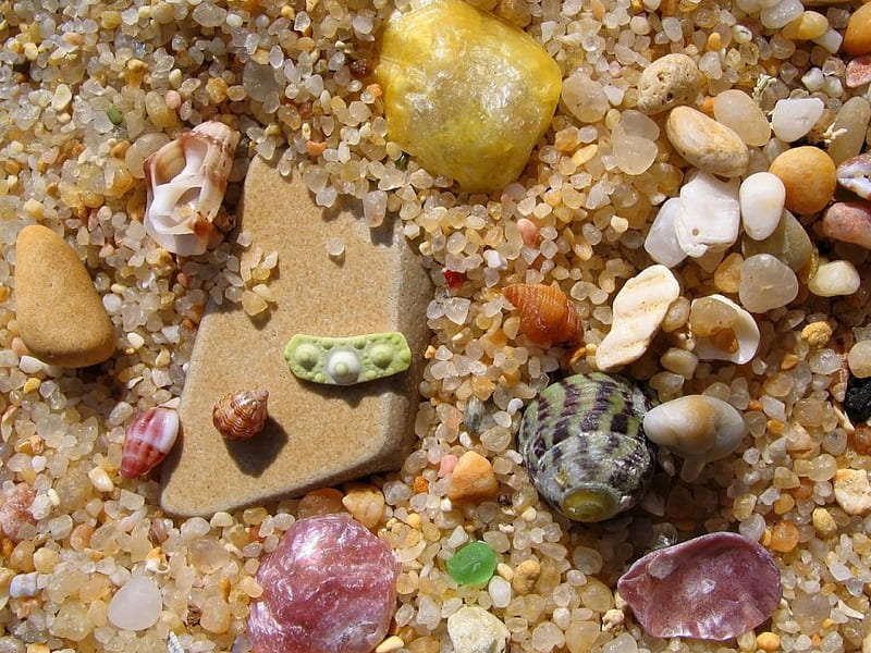 BEACH BLING, seashells, pebbles, souvenirs, stones, sand, seashore, vacations, seaside, coastline, shells, gravel, HD wallpaper
