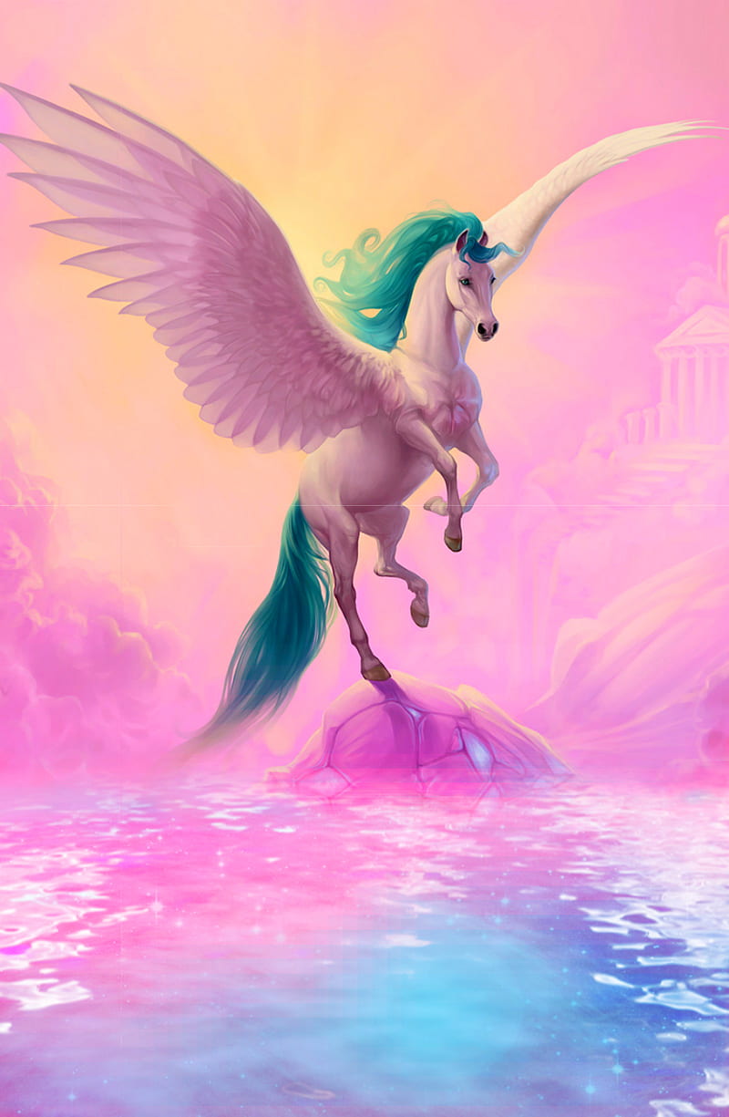 Pegasus, fantasy, magic, pink, pretty, rainbow, unicorn, wings, HD phone wallpaper