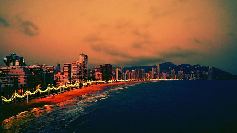 evening on benidorm beach spain, beach, city, evening, lights, sea, HD wallpaper