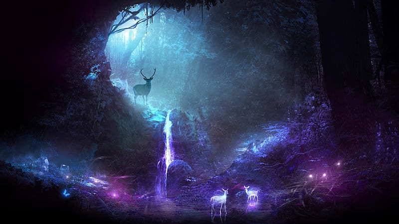 Enchanted Forest, Forest, Colorful, Enchanted Forrest, Fantasy, dark, Cave, Pink, Deer, Magical, Waterfall, Blue, HD wallpaper