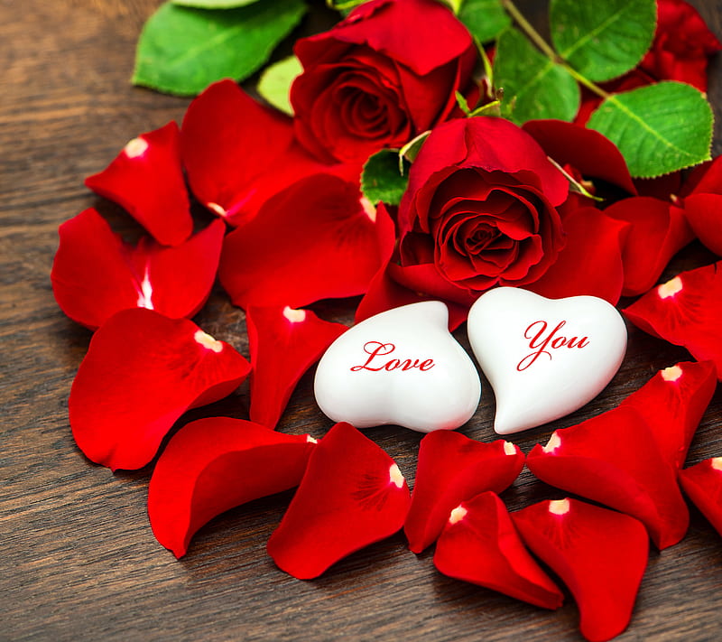 Love, corazones, petals, red, romantic, roses, HD wallpaper