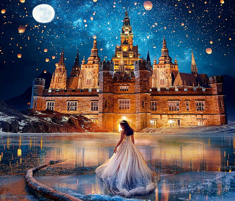 Enchanted Winter, Winter, White BallDress, Stars, Castle, Enchanted, Moon, Woman, HD wallpaper