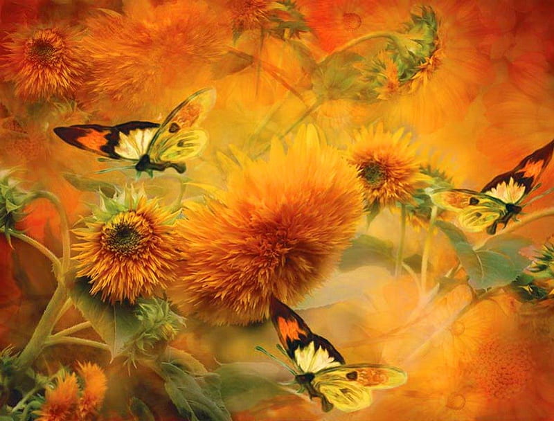 Glory, buttrflies, sunflowers, orange, golden, painting, flowers, yellow, HD wallpaper
