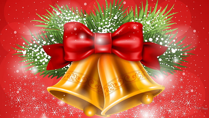 Christmas Golden Bells, stars, Christmas, holiday, New Year, evergreen, ribbon, sparkle, pine, snowing, snow, fir, bells, spruce, HD wallpaper