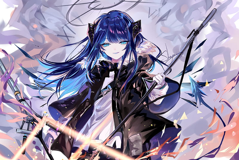 mostima, arknights, blue hair, flames, spear, hoodie, smiling, horns, Anime, HD wallpaper