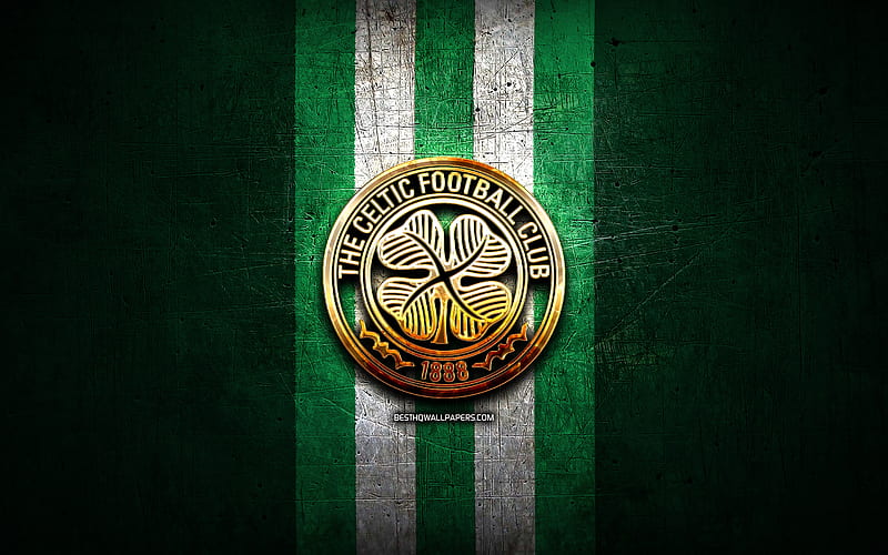 Celtic FC, golden logo, Scottish Premiership, green metal background, football, scottish football club, Celtic logo, soccer, FC Celtic, HD wallpaper
