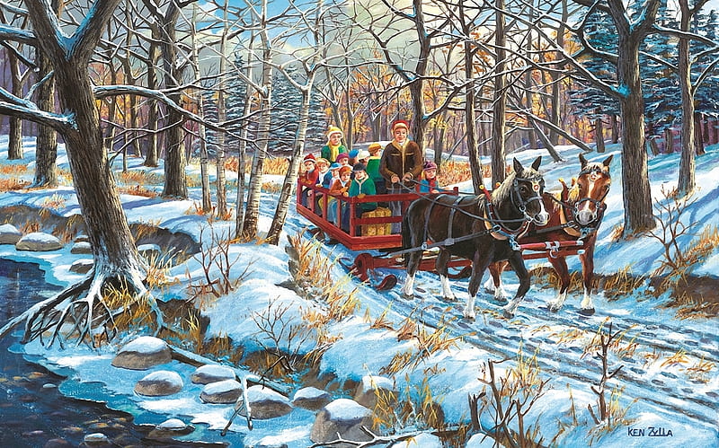 School Fieldtrip, teachers, snow, children, road, horses, winter, sleigh, forest, artwork, painting, HD wallpaper