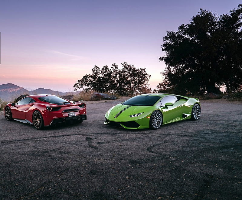 Lamborghini Huracan & Ferrari 488, red, green, ferrari, super cars, lambo,  HD wallpaper | Peakpx