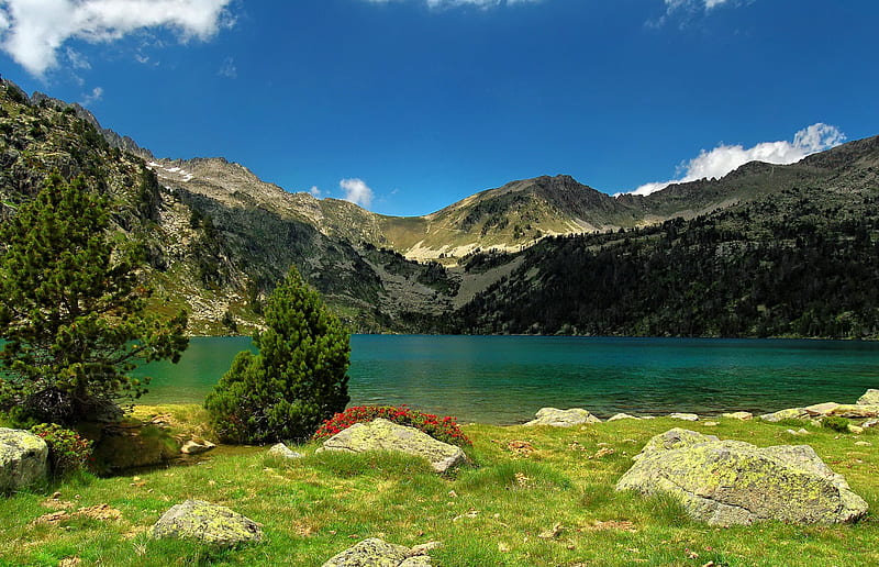Pyrenees, pretty, shore, grass, bonito, clouds, mountain, nice, stones, green, peaks, reflection, lovely, mountainscape, greenery, emerald, sky, lake, pond, summer, nature, HD wallpaper